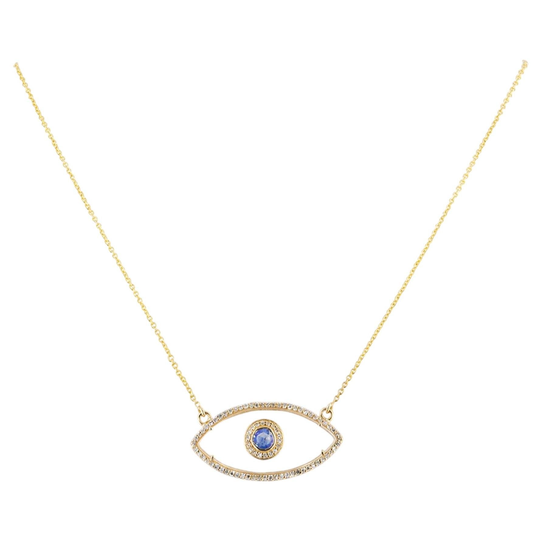 Solid 14k Yellow Gold Natural Diamond Blue Sapphire Gemstone Evil Eye Necklace For Sale