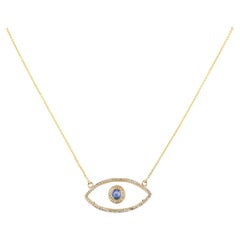 Solid 14k Yellow Gold Natural Diamond Blue Sapphire Gemstone Evil Eye Necklace