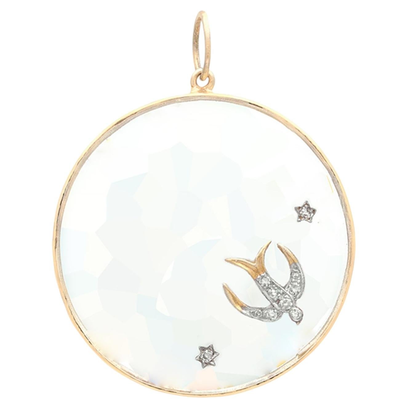 Solid 14k Yellow Gold Natural Diamond Crystal Gemstone Swallow Charm Pendant