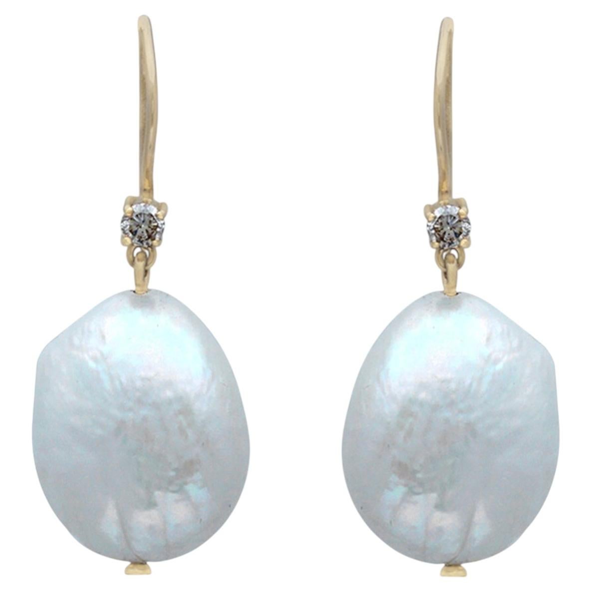 Solid 14k Yellow Gold Natural Diamond Mother of Pearl Earrings Fine Jewelry