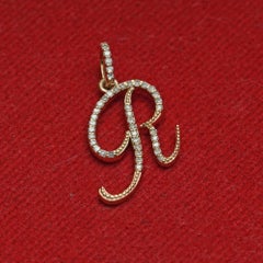 Solid 14k Yellow Gold Natural Diamond R Iniial Letter Charm Alphabet Pendant