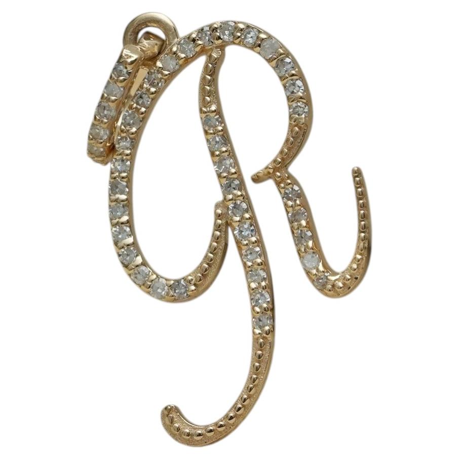 Solid 14k Yellow Gold Natural Diamond R Iniial Letter Charm Alphabet Pendant