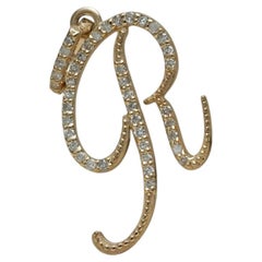 Solid 14k Yellow Gold Natural Diamond R Iniial Letter Charm Alphabet Pendant