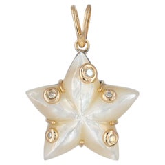 Solid 14k Yellow Gold Natural Diamond Star Charm Mother Of Pearl Gems Pendant