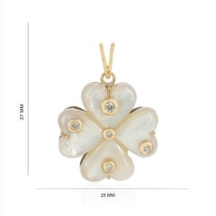 Solid 14k Yellow Gold Natural Mother-of-pearl Gemstone & Diamond Clover Pendant