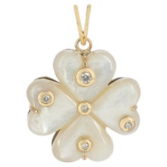 Solid 14k Yellow Gold Natural Mother-of-pearl Gemstone & Diamond Clover Pendant