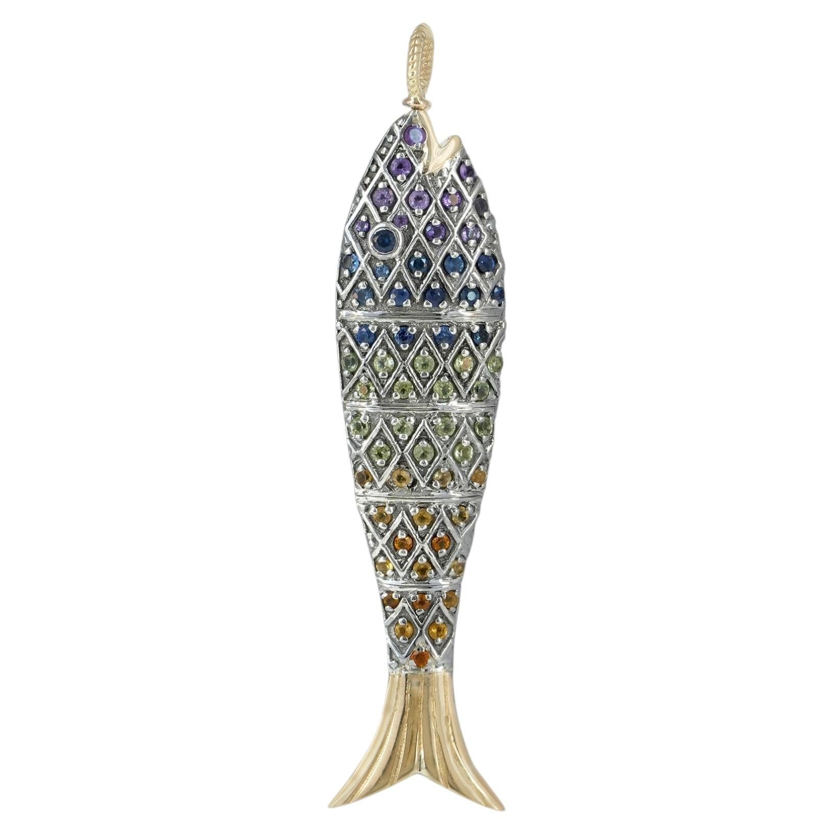 Solid 14k Yellow Gold Natural Multi Sapphire Gemstone Fish Charm Pendant Jewelry