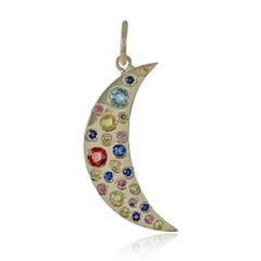 Solid 14k Yellow Gold Natural Multi Sapphire Gemtone Crescent Half Moon Pendant