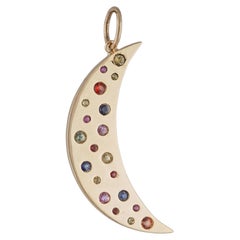 Solid 14k Yellow Gold Natural Multi Sapphire Gemtone Crescent Half Moon Pendant