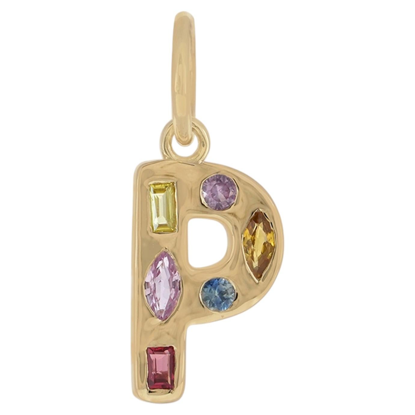 Solid 14K Yellow Gold Natural Multi-Sapphire P Letter Charm Initial Fine Jewelry
