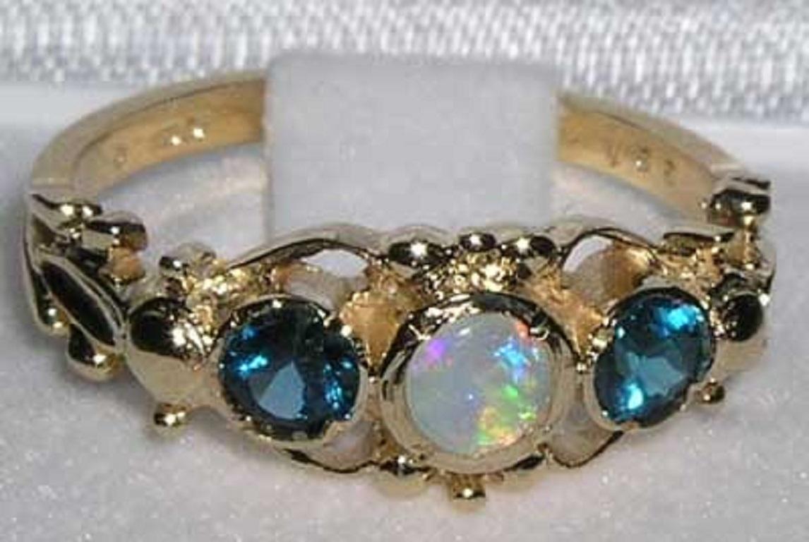For Sale:  Solid 14K Yellow Gold Natural Opal & Blue Topaz Georgian Style customizable 4