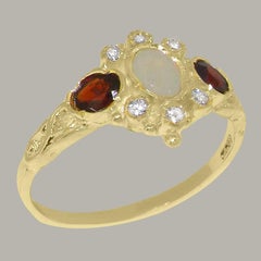 Solid 14K Yellow Gold Natural Opal & Diamond Womens Trilogy Ring, Customizable
