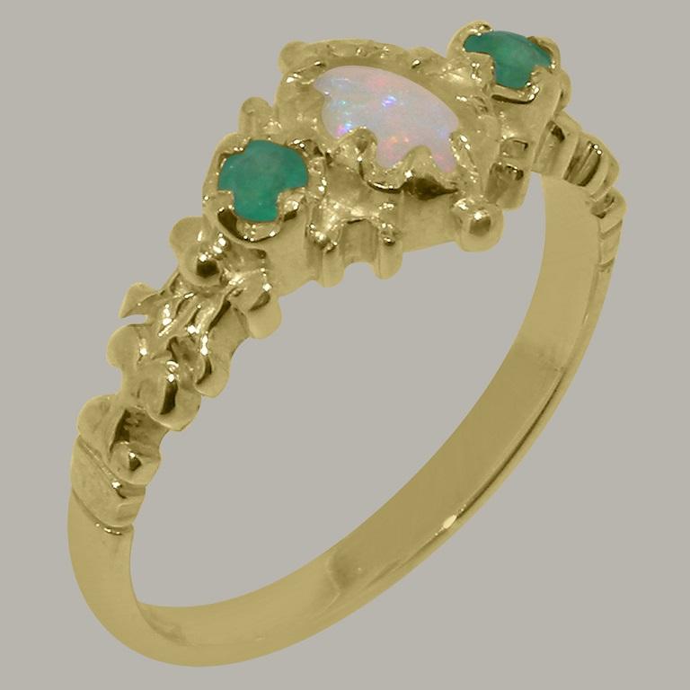 En vente :  Bague Trilogie Femme en Or Jaune 14K massif Opale Naturelle & Emeraude Personnalisable 2