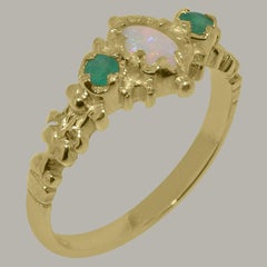 Solid 14K Yellow Gold Natural Opal & Emerald womens Trilogy Ring Customizable