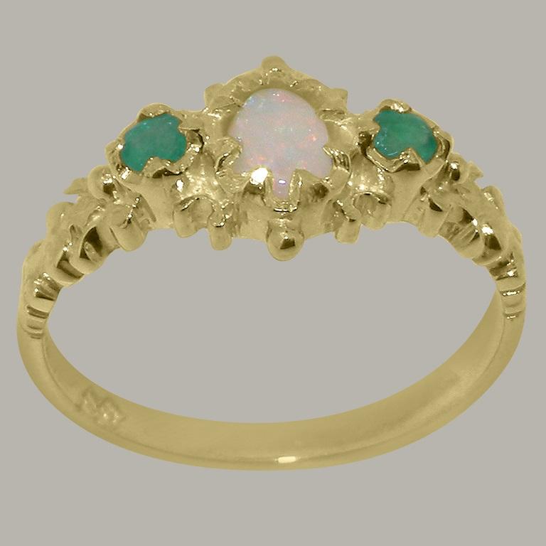 En vente :  Bague Trilogie Femme en Or Jaune 14K massif Opale Naturelle & Emeraude Personnalisable 3