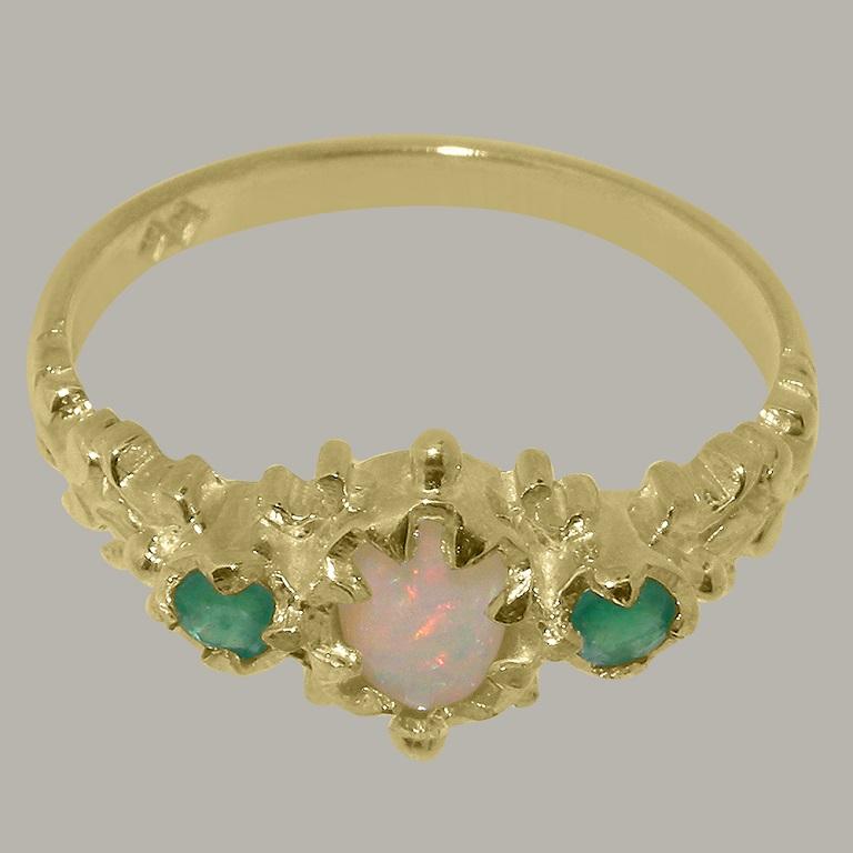 En vente :  Bague Trilogie Femme en Or Jaune 14K massif Opale Naturelle & Emeraude Personnalisable 6