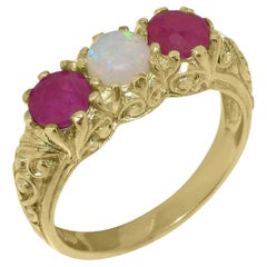 Solid 14k Yellow Gold Natural Opal & Ruby Womens Trilogy Ring Customizable