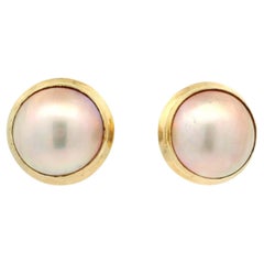 Solid 14k Yellow Gold Nice Mabe Pearl Button Clip On Elegant Earrings