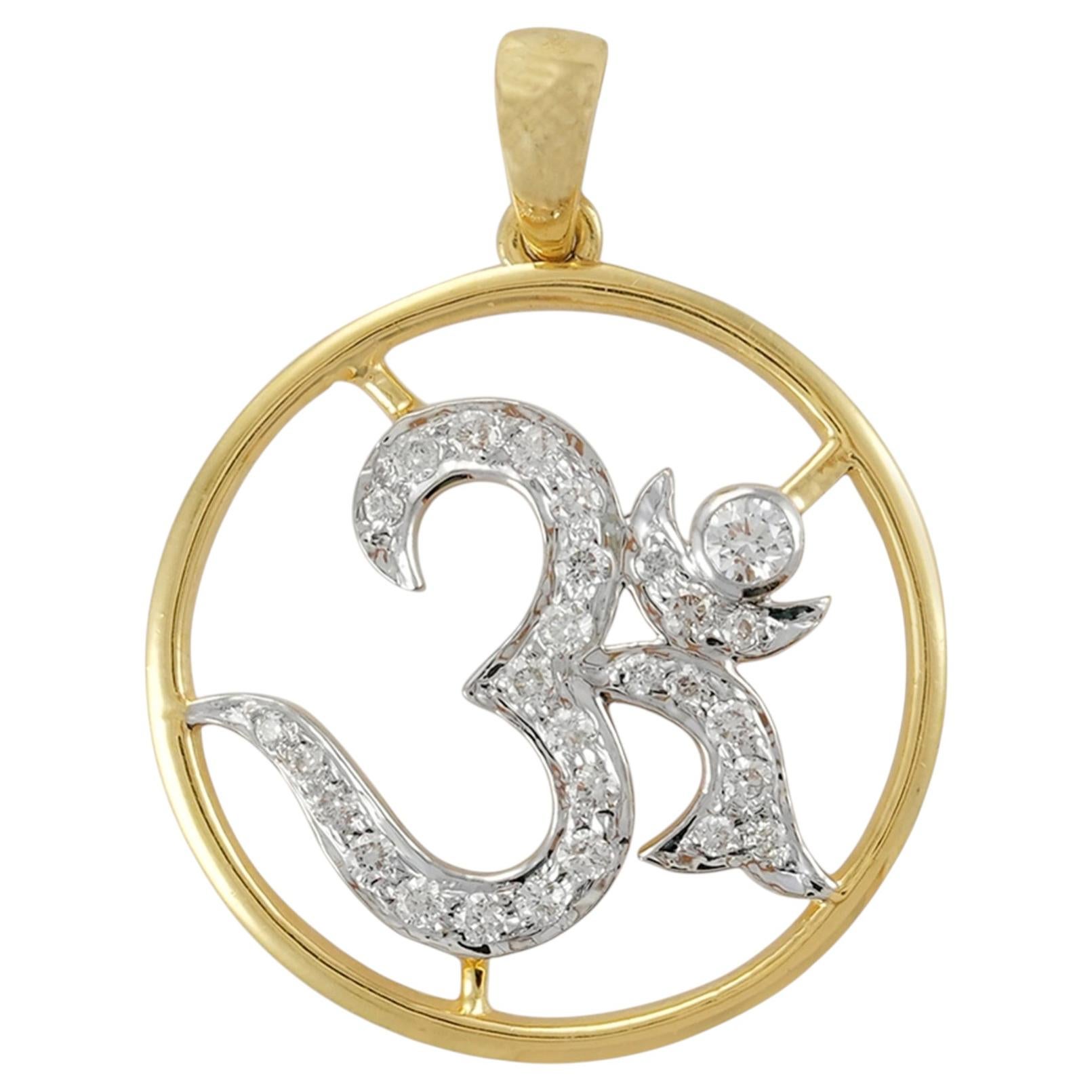 Ciondolo "Om" in oro giallo massiccio 14k con diamante naturale - Charme religioso