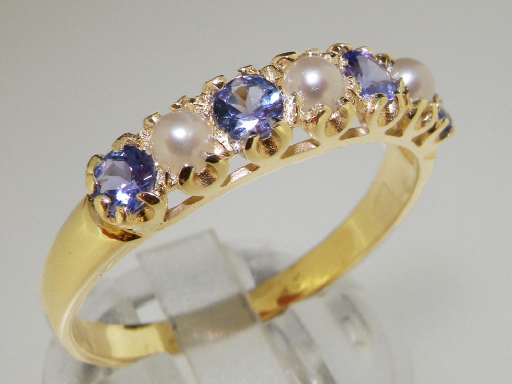 For Sale:  Solid 14k Yellow Gold Pearl & Tanzanite Womens Band Ring, Customizable 2