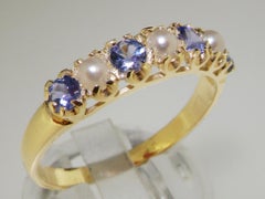 Solid 14k Yellow Gold Pearl & Tanzanite Womens Band Ring, Customizable
