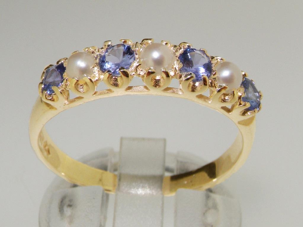 For Sale:  Solid 14k Yellow Gold Pearl & Tanzanite Womens Band Ring, Customizable 3