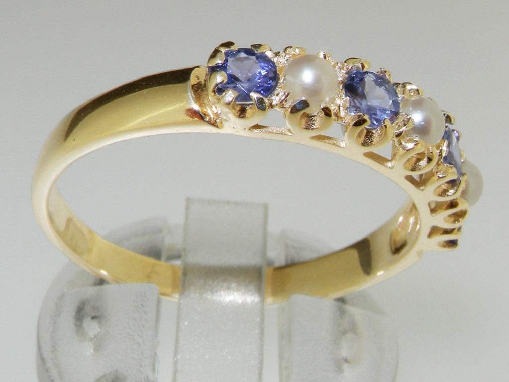 For Sale:  Solid 14k Yellow Gold Pearl & Tanzanite Womens Band Ring, Customizable 4