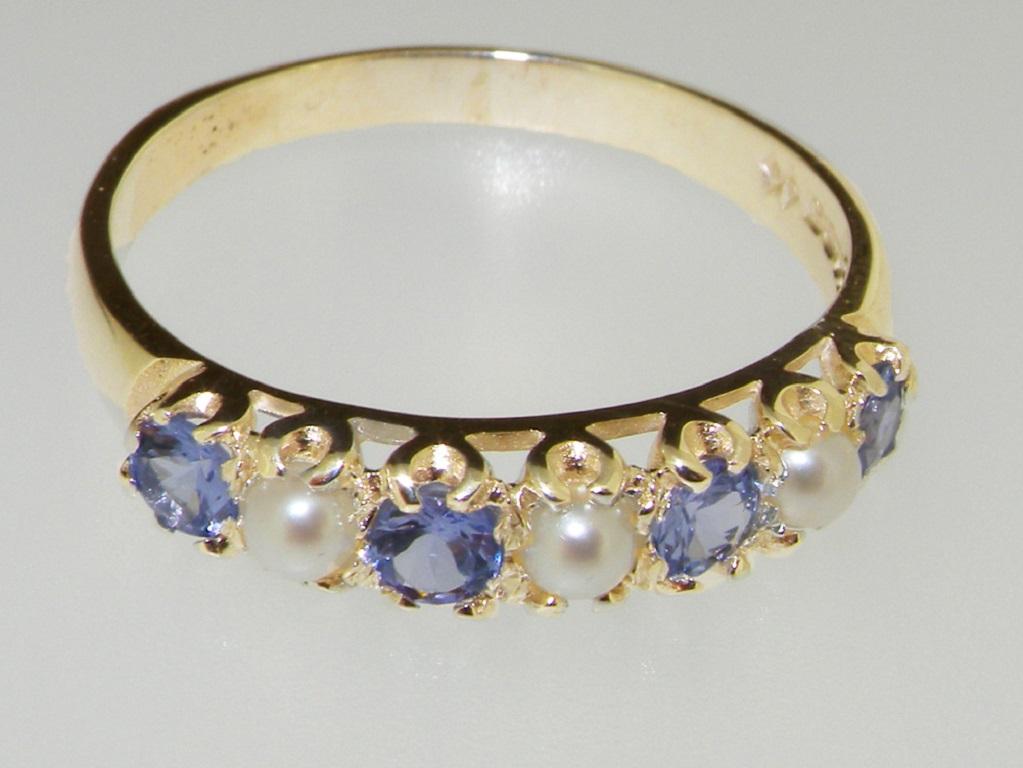 For Sale:  Solid 14k Yellow Gold Pearl & Tanzanite Womens Band Ring, Customizable 5
