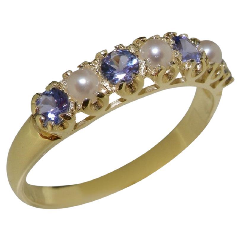 Bague jonc pour femme en or jaune massif 14 carats avec perles et tanzanite, personnalisable