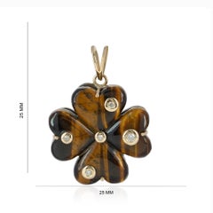 Pendentif en or jaune massif 14 carats avec pierre naturelle œil-de-tigre et diamant, en forme de trèfle
