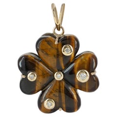 Pendentif en or jaune massif 14 carats avec pierre naturelle œil-de-tigre et diamant, en forme de trèfle