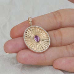 Solid 14k Yellow Gold Pendant Pave Diamond Charm Natural Sapphire Pendant