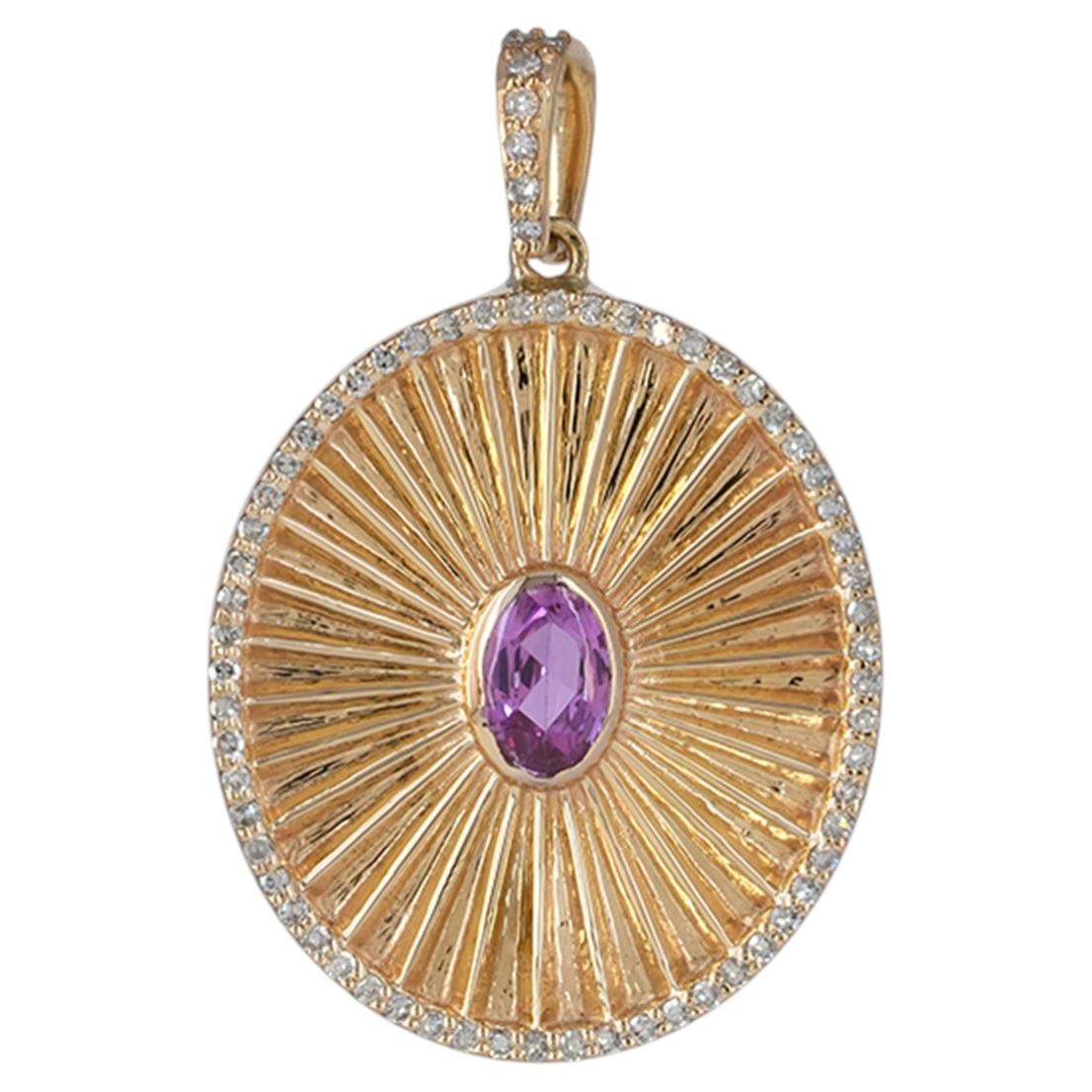 Solid 14k Yellow Gold Pendant Pave Diamond Charm Natural Sapphire Pendant