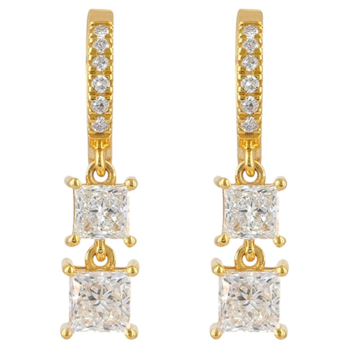 Solid 14k Yellow Gold Princess Cut Natural Diamond Huggie Hoop Drop Earrings