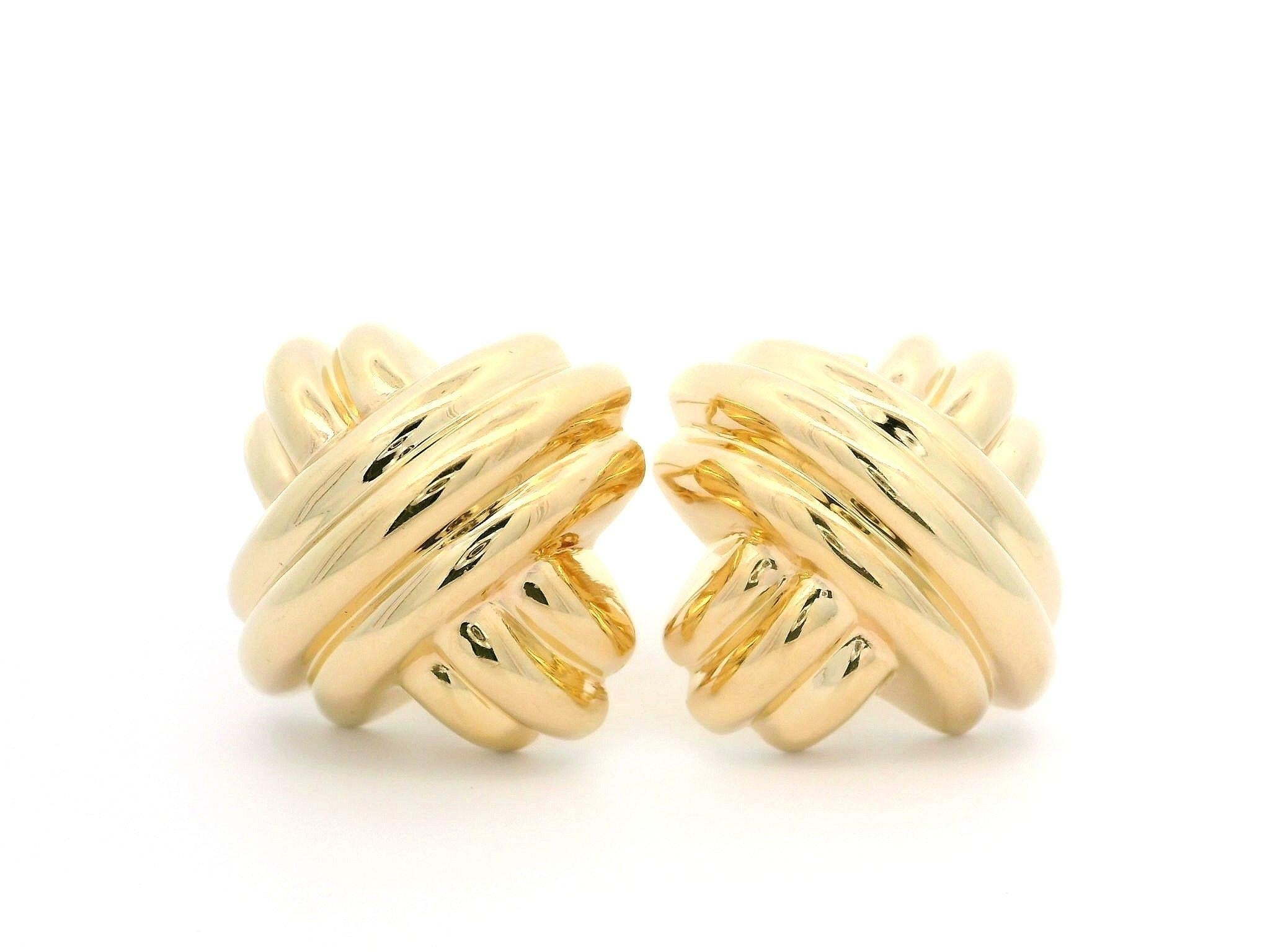 Boucles d'oreilles boutons en or jaune massif 14 carats, finition polie et bouffante en forme de X en vente 2