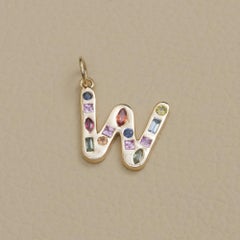 Solid 14K Yellow Gold Rainbow Multi-Sapphire W Initial Pendant Fine Jewelry