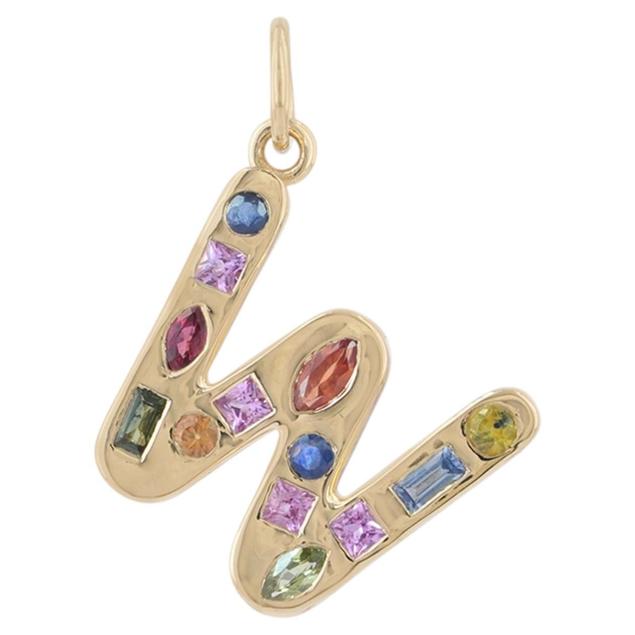 Solid 14K Yellow Gold Rainbow Sapphires W Initial Pendant Personalised Gift For Sale