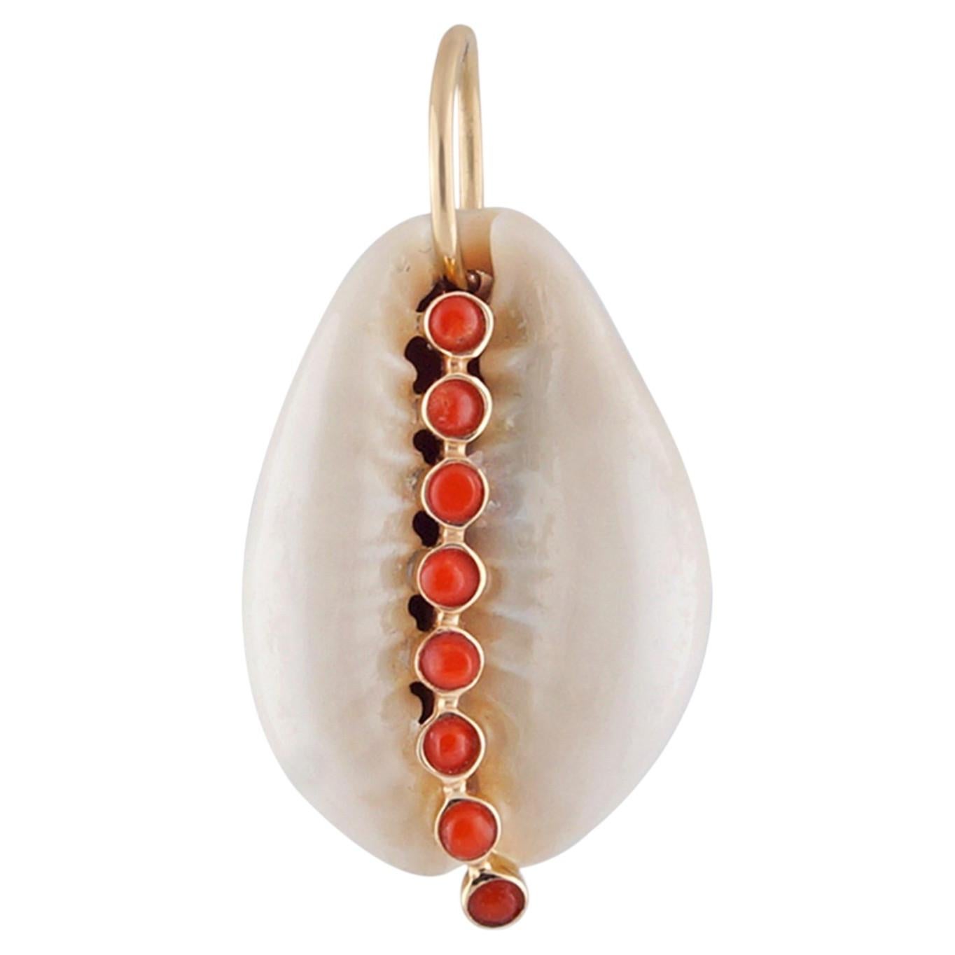 Solid 14k Yellow Gold Shell Charm Pendant Coral Gemstone Handmade Jewelry