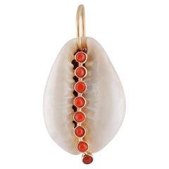Solid 14k Yellow Gold Shell Charm Pendant Coral Gemstone Handmade Jewelry