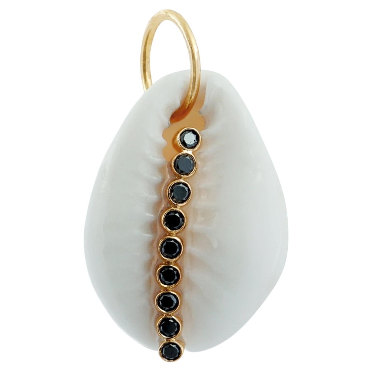 Solid 14k Yellow Gold Shell Charm Pendant Natural Black Diamond Fine Jewelry