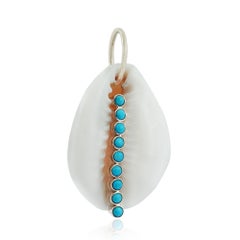 Solid 14k Yellow Gold Shell Charm Pendant Natural Turquoise Gemstone Jewelry