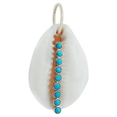 Solid 14k Yellow Gold Shell Charm Pendant Natural Turquoise Gemstone Jewelry