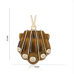 Solid 14k Yellow Gold Shell Pendant Natural Tiger Eye Gemstone Diamond Jewelry