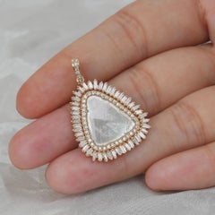 Solid 14k Yellow Gold Slice Diamond Pendant Natural Baguette Diamond Charm