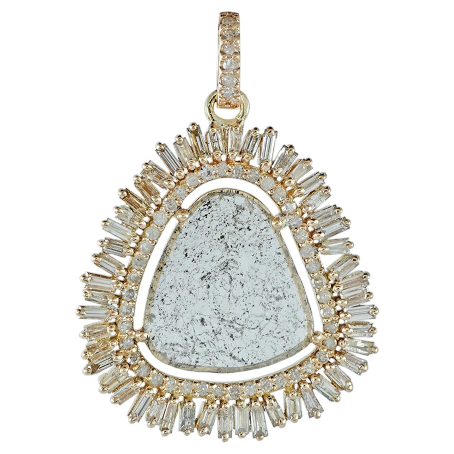 Solid 14k Yellow Gold Slice Diamond Pendant Natural Baguette Diamond Charm For Sale