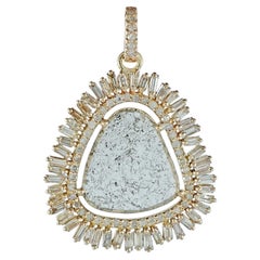 Solid 14k Yellow Gold Slice Diamond Pendant Natural Baguette Diamond Charm