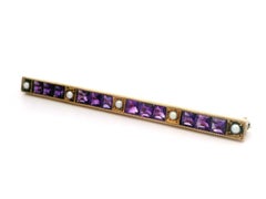 Solid 14k Yellow Gold Square Step Calibre Cut Amethysts & Pearls Bar Pin Brooch