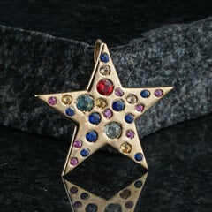 Solid 14k Yellow Gold Star Charm Natural Multi Sapphire Gemstone Pendant Jewelry