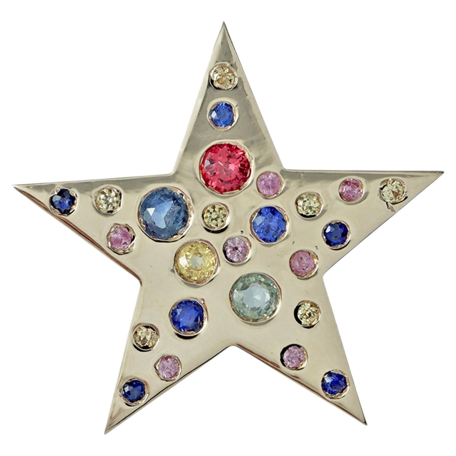 Solid 14k Yellow Gold Star Charm Natural Multi Sapphire Gemstone Pendant Jewelry