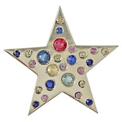 Solid 14k Yellow Gold Star Charm Natural Multi Sapphire Gemstone Pendant Jewelry
